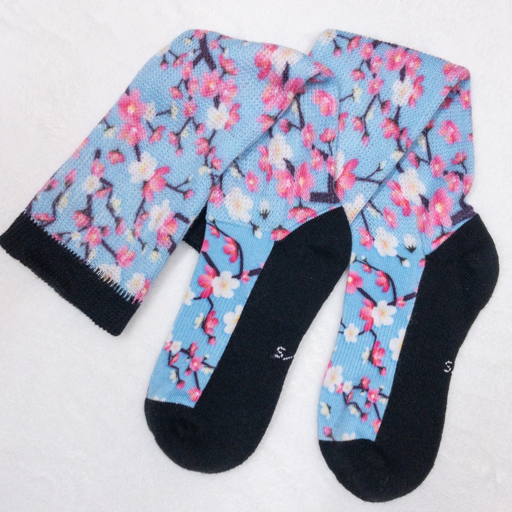 Viasoxs Compression Socks Womens Size S/M W5-9 M6-8 Blue Cherry Blossom Floral